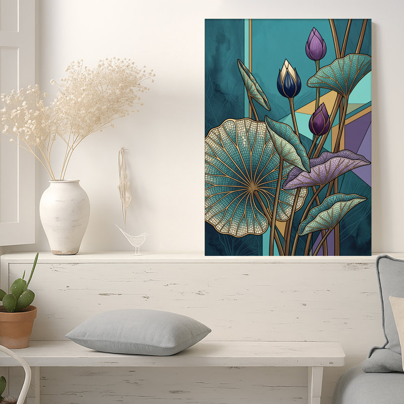 Teal and Purple Lotus Buds in Geometric Mosaic Style Canvas Wall Art, 30"H x 20"W