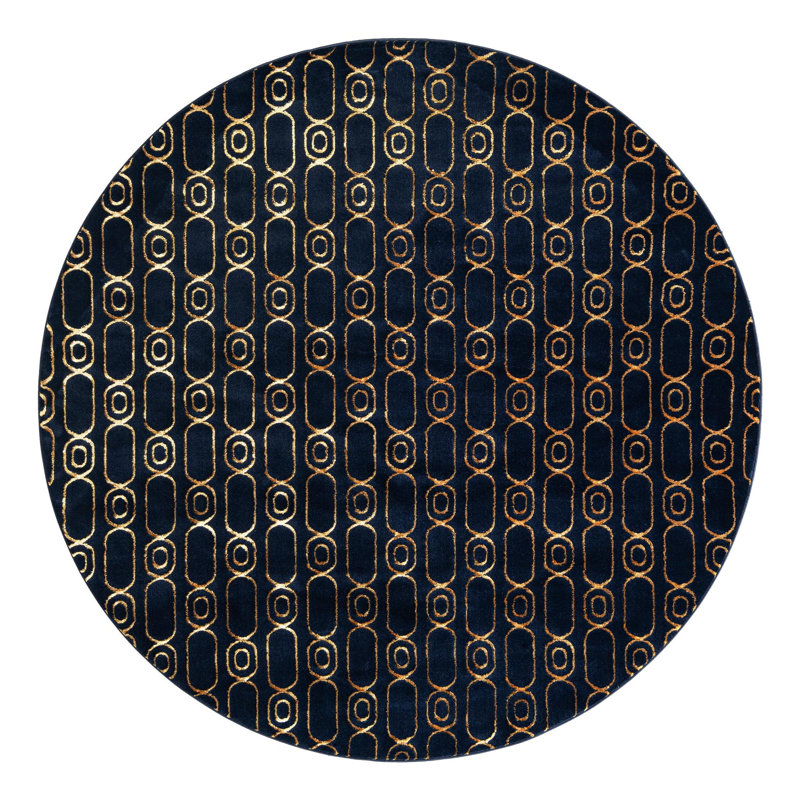 Latitude Run® Column Novica Rug Navy Blue and Gold, Round 7'10"
