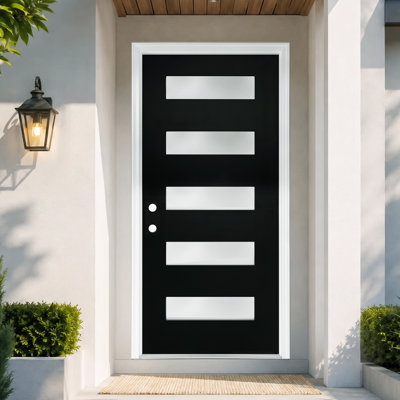 Rylan 36" x 80" Black Fiberglass Front Entry Door, 5‑Panel Horizontal Frosted Decorative Glass, 4‑9/16" PVC Frame