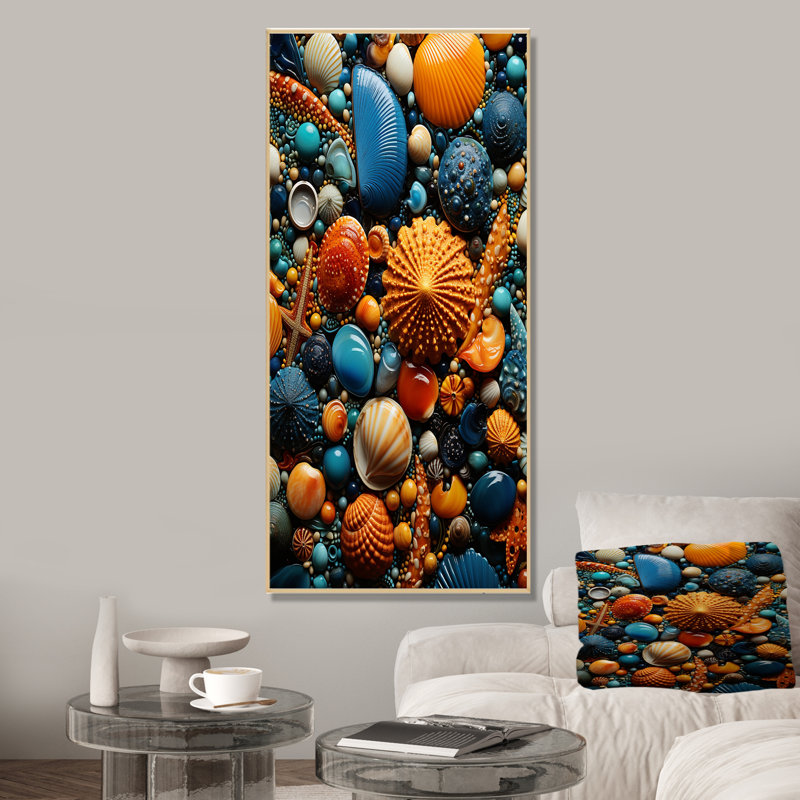 Jaune et bleu coquillage symphonie II - art mural côtier tropical, Cadre flottant brun, 60" H x 28" W