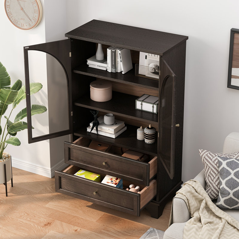 Armoire de rangement moderne moderne avec portes arquées en verre et tablette réglable, Brun