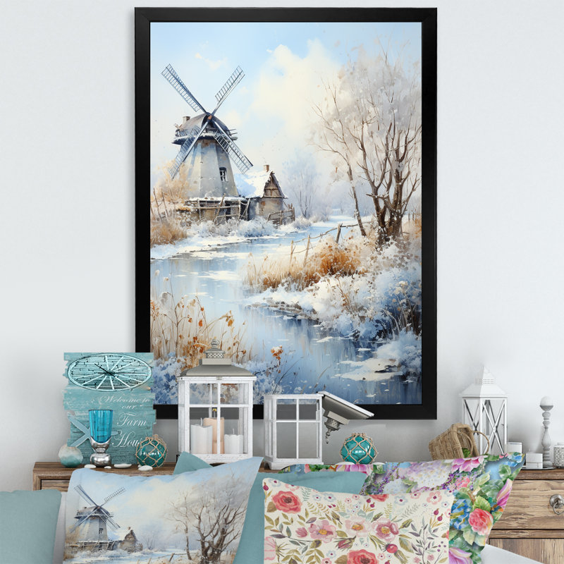«Snowy Windmill Winter Landscape II - Windmills», art mural, Cadre photo blanc, H 32 po x l 24 po x P 1 po