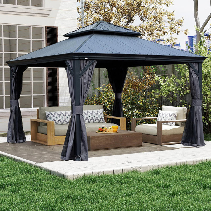 12'x12' Hardtop Gazebo with Resin Roof, Outdoor Metal Gazebo with Drainage Gutters, Permanent Heavy Duty Pavilion for Patio, Backyard and Deck, Curtains and Mosquito Netting Included