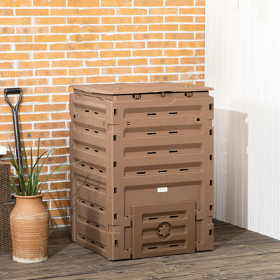 Système de compostage 120, 80 bouches d'aération, 2 portes coulissantes, production rapide de terre, légère et solide, bac brun de 120 gallons de Vents Doors pour une amélioration rapide de la qualité du sol, stable,