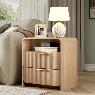 25''H 2-Drawer Nightstand w/ Charging Station, Modern Fluted Bedside Table, Curved Profile Design