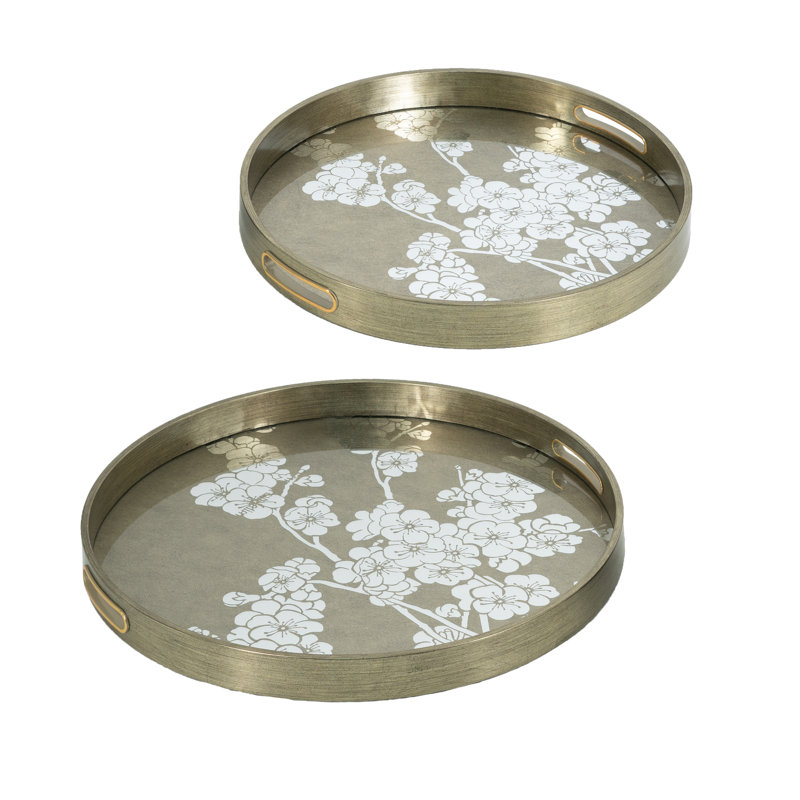 Round Silver Plastic Mirror Trays with Floral Motif - L:D17.5x1.5" S:D14.5x1.5"