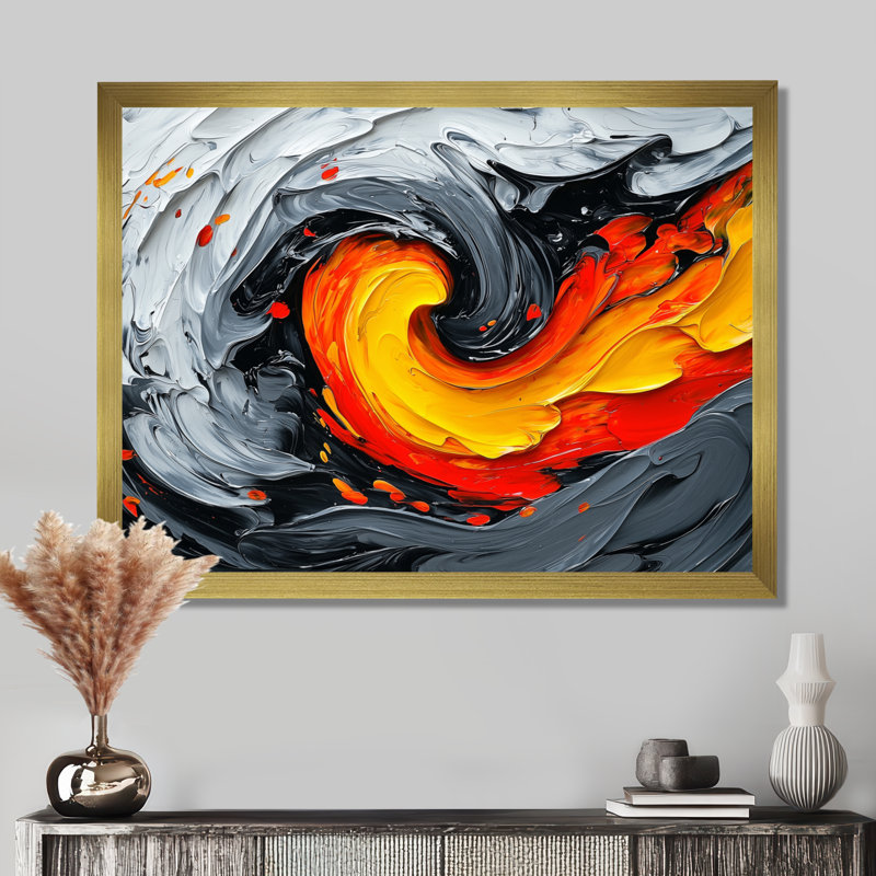 «Ellivia Abstract Volcano Emotion Pulse III», art abstrait du suprématisme, H 30 po x l 40 po, Cadre simple, Doré