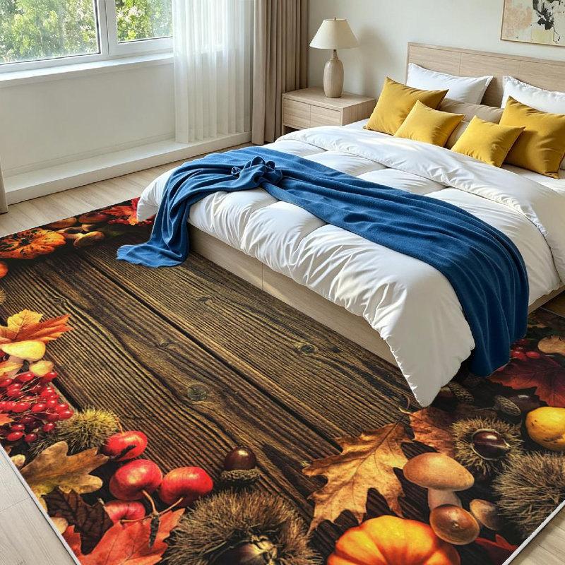 Tapis d'intérieur orange lavable à la machine, bordure vintage en feuilles d'automne, Rectangle 71 po x 98 po