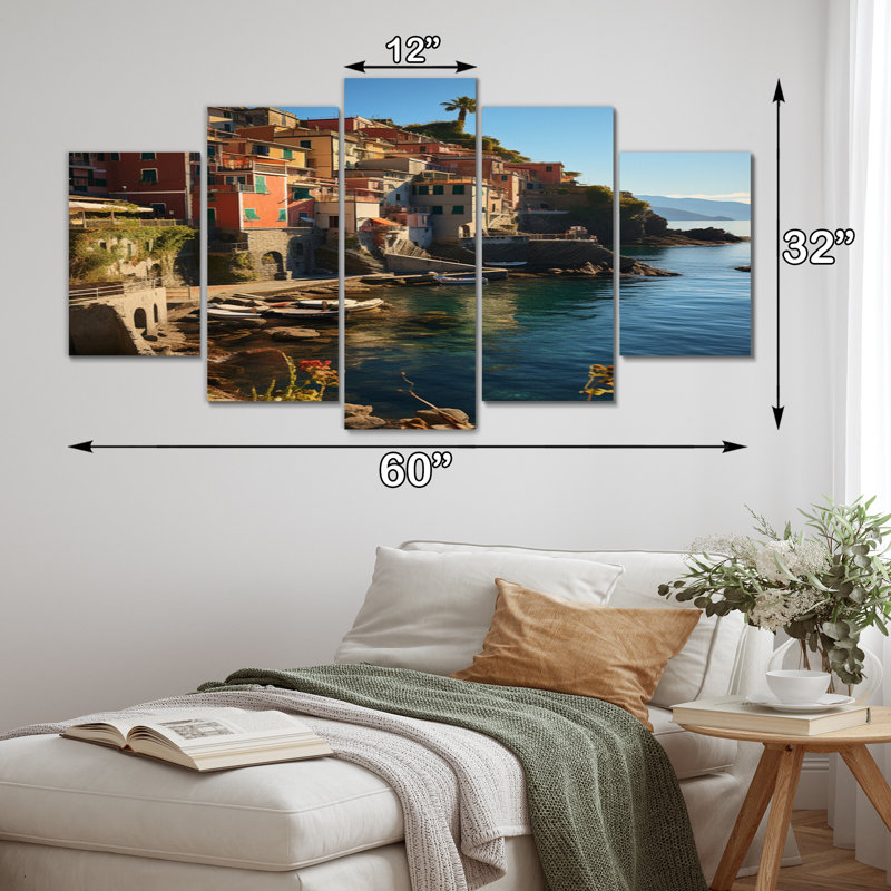 «Teal Italy Cinque Terre I», reproduction sur toile - 5 panneaux