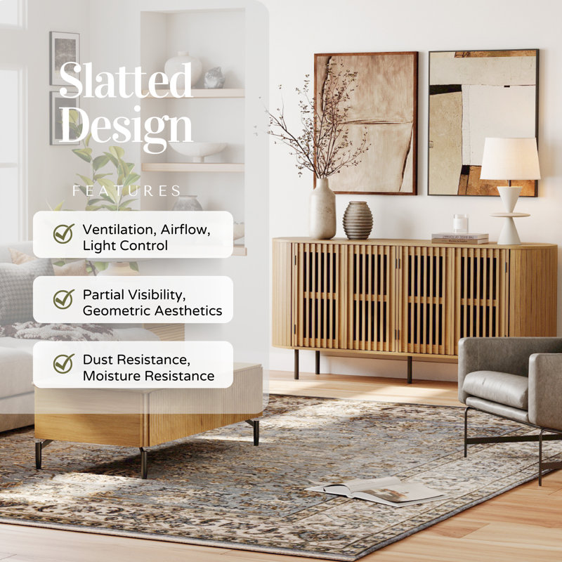64" Sideboard With Slatted Design, Ideal For Bedroom, Living Room, And Entryway, Oak
