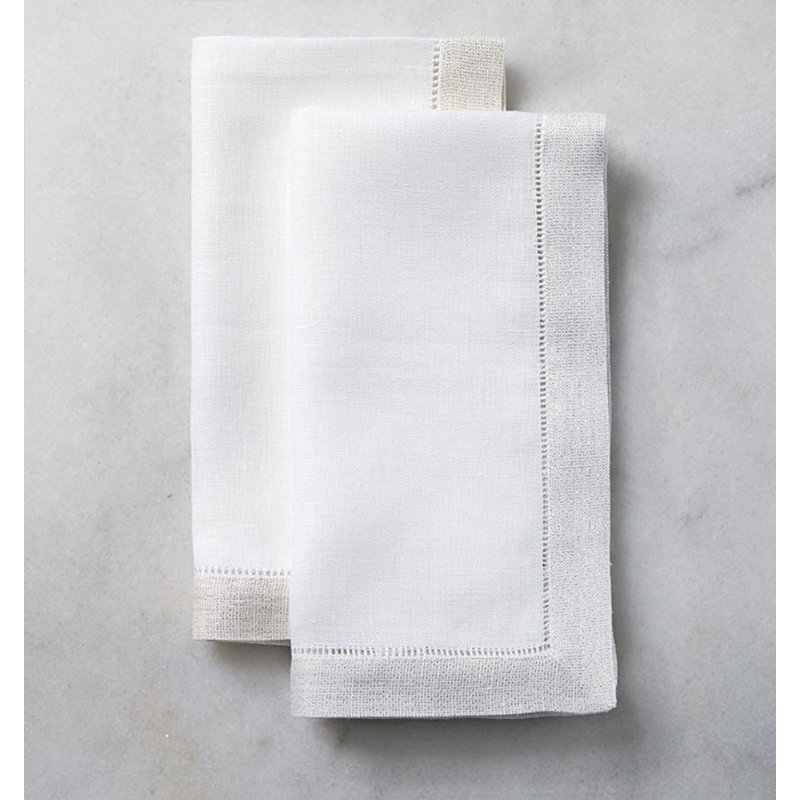 Filetto Linen Square Napkins, White/Silver