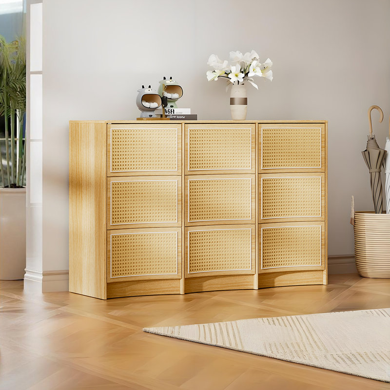Commode 9 tiroirs pour chambre à coucher, commode en bois de rotin naturel