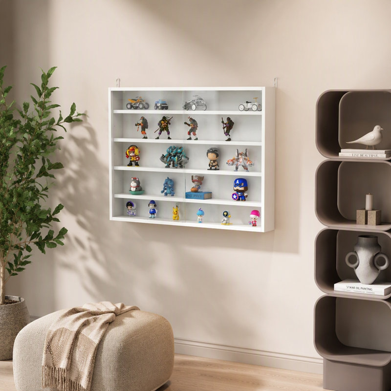 Vitrine à 5 niveaux, vitrine en verre avec 2 portes et tablettes réglables, fixation murale, Blanc / Blanc