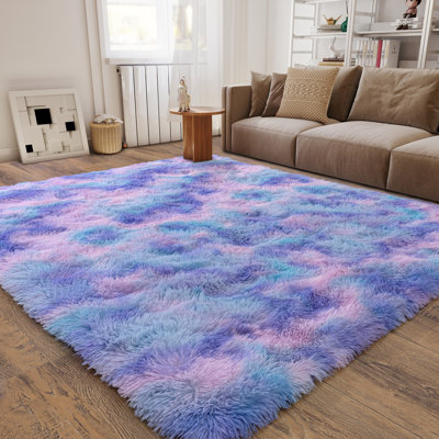 Shag Area Rugs for Living Room, 8x10 ft Soft Fluffy Rugs for Bedroom, Nursery, Kids Room Home Decor, Tie-Dyed Blue Rainbow