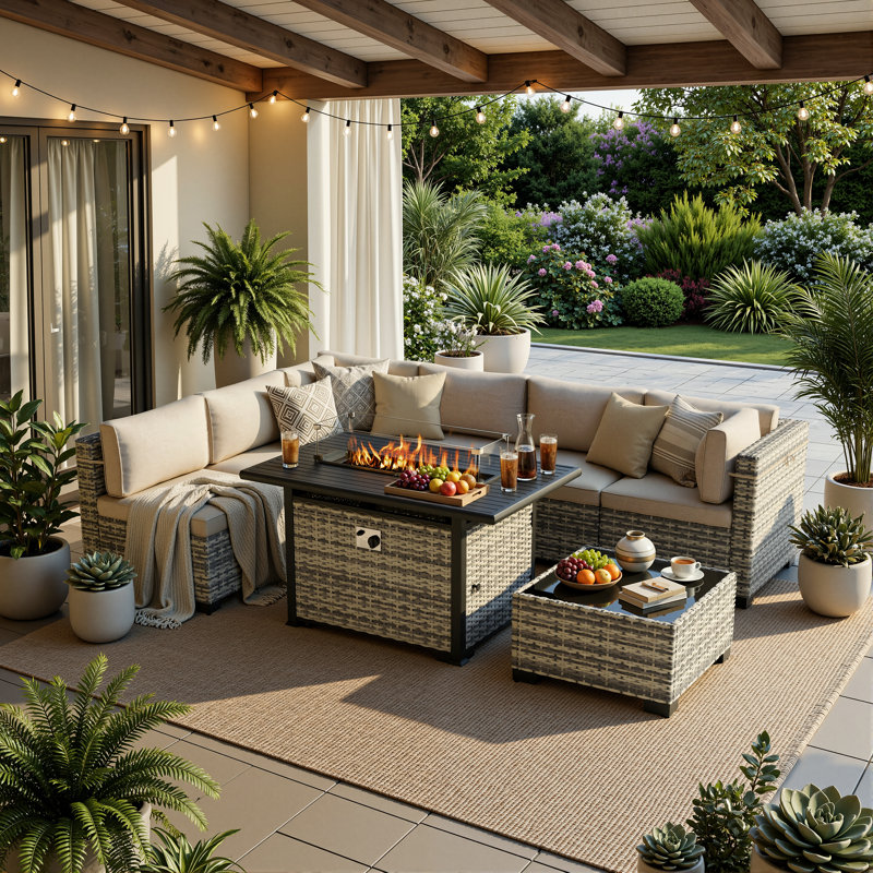 8-Piece Modular Outdoor Sectional Seating Set With Propane Fire Pit Table And Cushions, 3 Pcs: Sectional, Fire Pit, Table