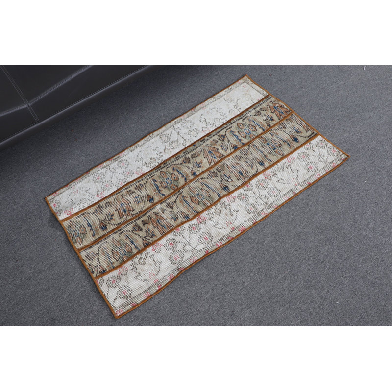 Vintage Turkish Patchwork Oushak Rug in Small Size Perfect for Gift with Cool Beige Tones