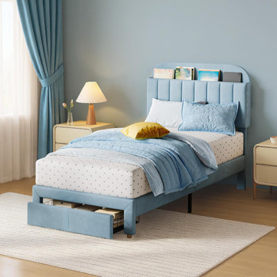 Twin Size Light Blue Velvet Upholstered Platform Bed Frame For Kids With Storage Headboard Drawer And Wheel Noise Free No Box Spring Easy Assembly