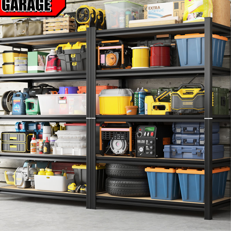 Support de rangement robuste pour le garage, 5 pièces réglables en métal, capacité de 3 000 lb, noir et stable, système d'étagères à installation simple, processus d'assemblage rapide