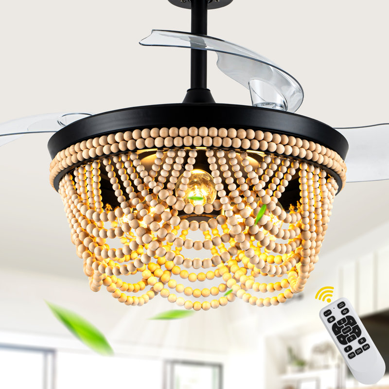42" Farmhouse 3-Light Boho Wood Bead Ceiling Fan with Lights and Remote Control