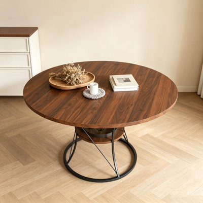 Table de salle à manger de 43 pouces pour 4 à 6 personnes, table de cuisine de ferme extensible avec tablette de rangement et base en métal, table en bois extensible de 43 à 59 pouces, grande table ronde pour la maison (sans chaises)