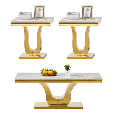 Ensemble de 3 tables basses en faux marbre, ensemble de table de salon moderne comprenant 1 table basse et 2 tables de bout pour le salon, plateau en faux marbre blanc avec structure en U en acier inoxydable