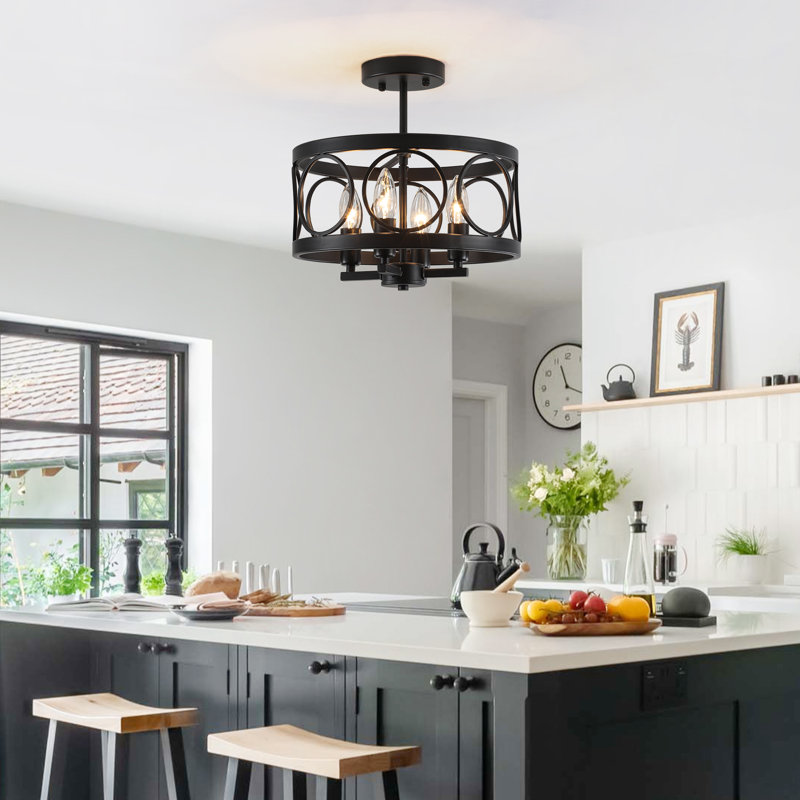4-ligh 12.6" Dimmable Farmhouse Rustic Hollow Drum Semi-flush Mount Ceiling Light For Kitchen Island Living Room Bedroom Entryway