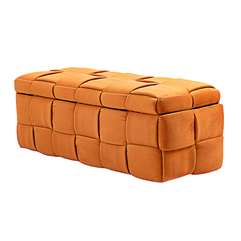 Pransh Velvet Upholstered Storage Bench, Orange