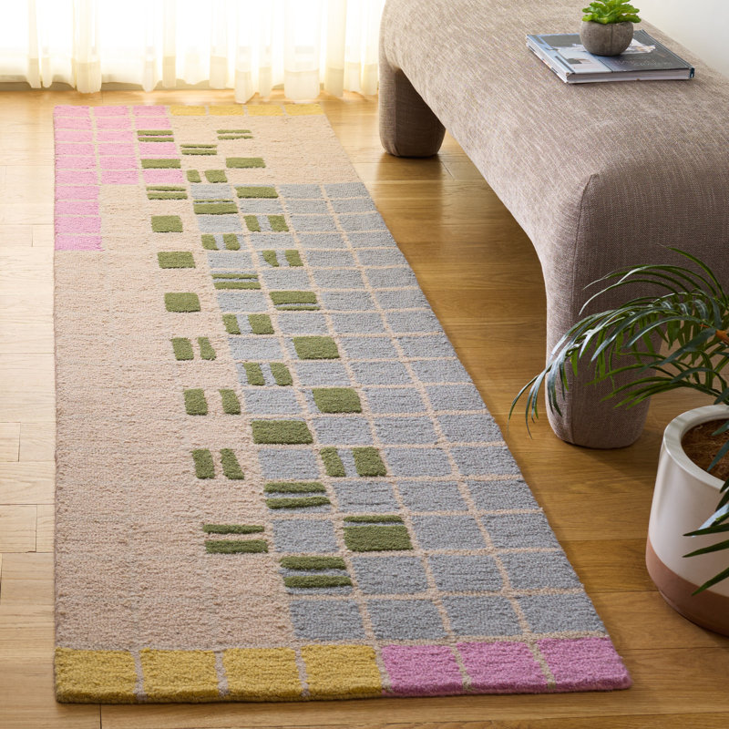 Genre 86% laine à carreaux touffetée à la main 85%; Tapis à motifs géométriques 15% coton, Tapis de couloir 2 pi 3 po x 8 pi