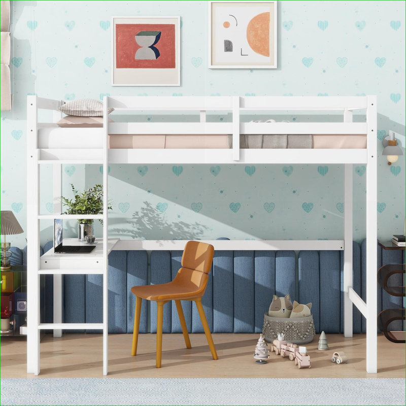 Lit mezzanine simple en bois d'hévéa haut sans sommier avec bureau intégré, blanc pour les petites chambres