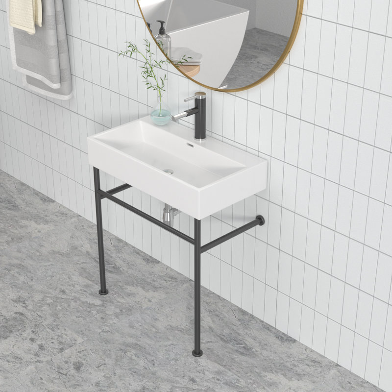 Kichae 17 " Ceramic Rectangular Bathroom Sink and Overflow Hole, White/Black