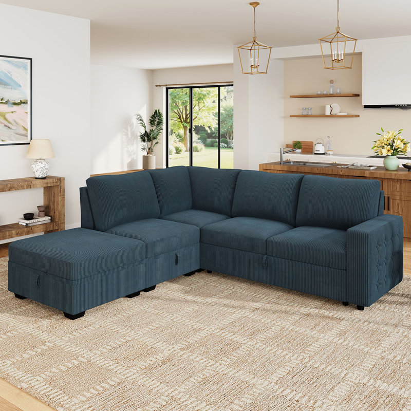 Canapé-lit modulaire en L Brunella, Velours côtelé bleu, H 35 po x l 87 po x P 84,2 po