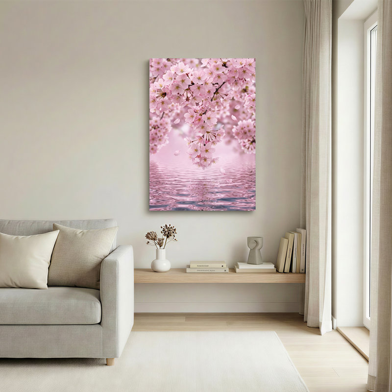 Art sur toile, branches de fleurs de cerisier roses sur l'eau ondulée, H 18 po x l 12 po