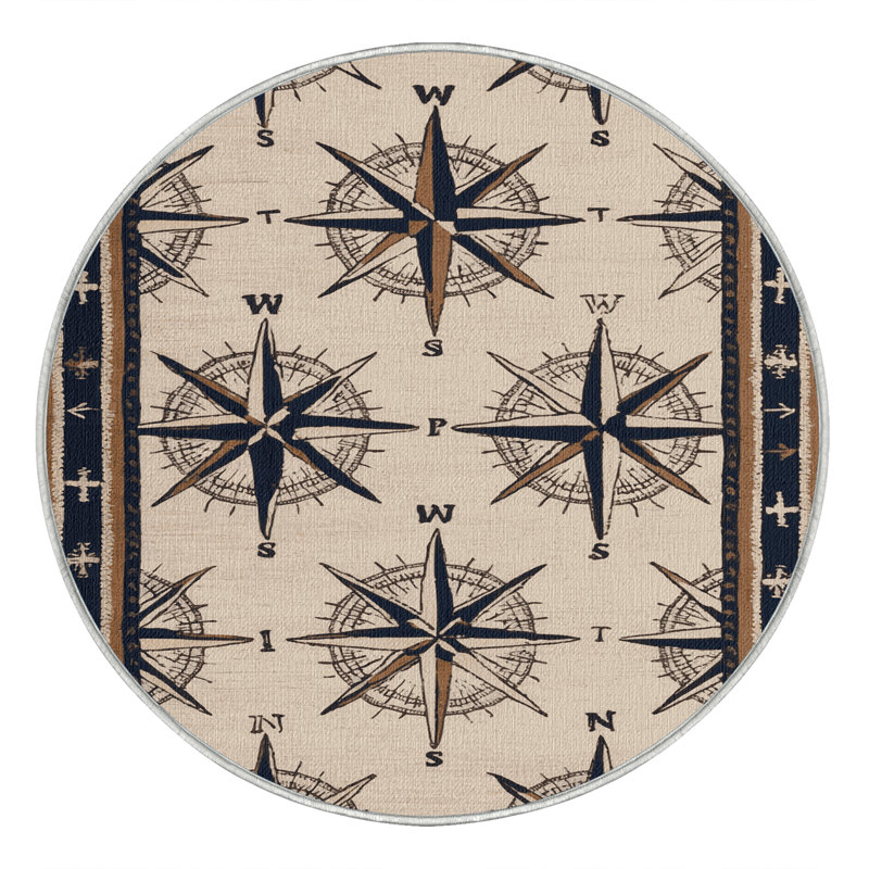 Washable Compass Designs Nautical Area Rug, Round 4'