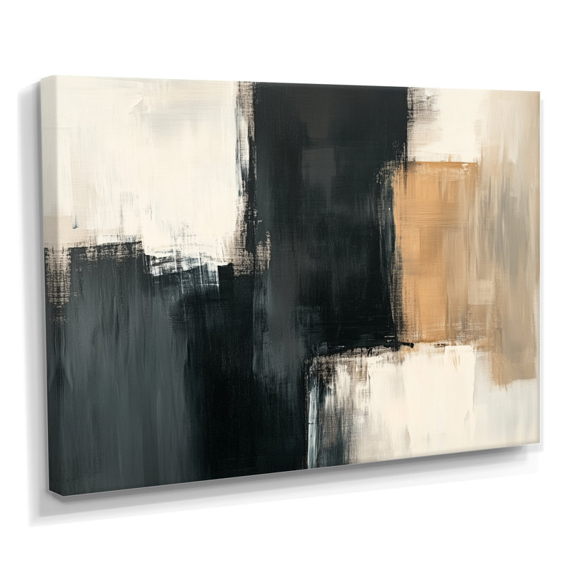 Tableau abstrait aux tons de charbon IV - Tableau encadré par blocs de couleur, H 16 po x l 32 po, Toile tendue