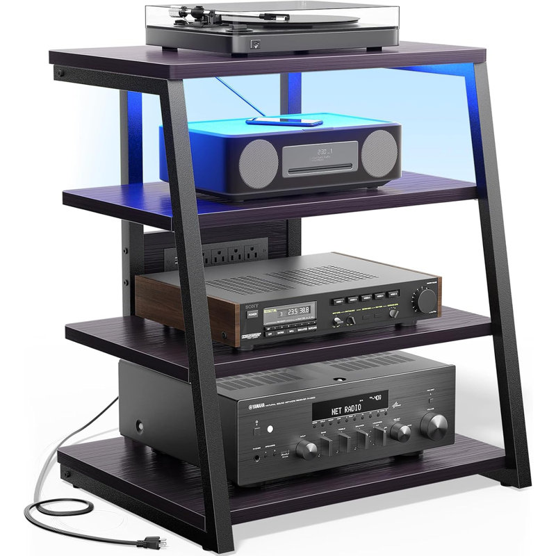 AV Media Stand With Outlets, Media Console With LED Lights, Stereo Racks And Stands With Storage Shelves, Media Audio Tower Cabinet