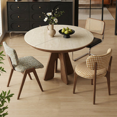 Beige+Nut-brown Round Sintered Stone+Solid Wood Dining Table