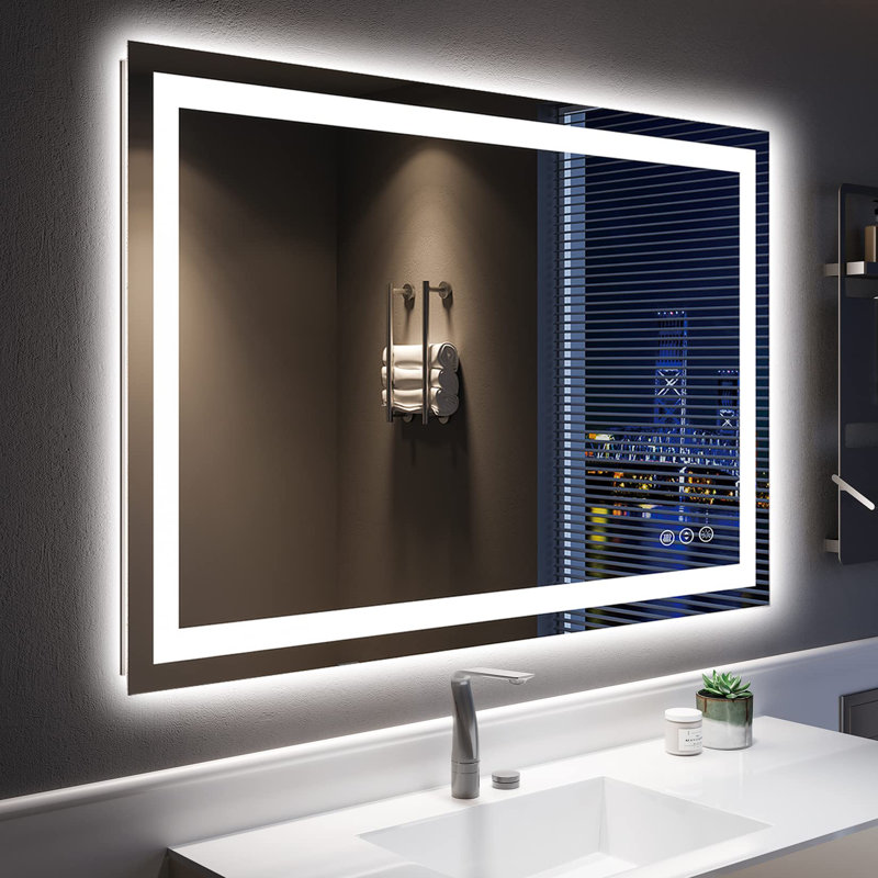 Akilan Frameless LED Vanity Mirror with Front-lit and Back-lit, Memory Function, 3 Color Temperatures & Dimmable Light, Anti-fog Tempered Glass ETL Mirror