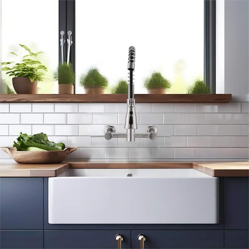 Durable Stainless Steel Wall-mounted Kitchen Faucet With 3 Functions And High Arc Spout, Brushed Nickel