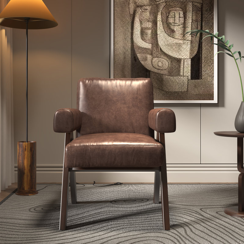 Chaise d'appoint Mid-Century moderne en similicuir, fauteuil en similicuir rétro avec structure en bois massif et accoudoirs rembourrés pour le salon, la chambre à coucher et le bureau, brun