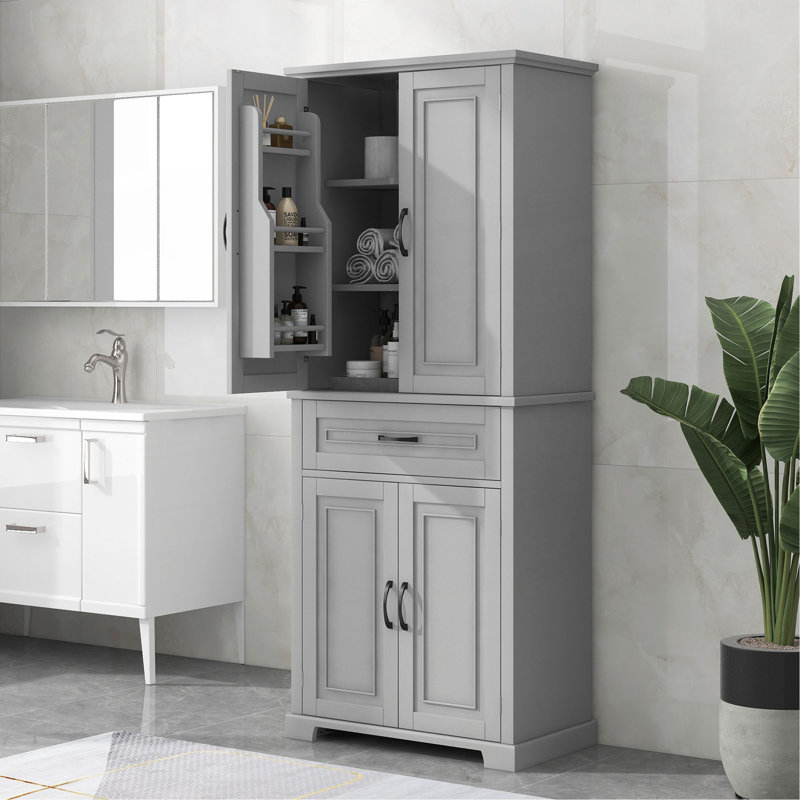 Armoire de rangement de salle de bain avec portes et tiroir, plusieurs espaces de rangement, tablette réglable, Gris clair