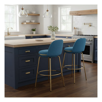 Tabouret de bar 37,75 po Rio Claro (ensemble de 2) avec base en métal doré et siège en tissu bleu