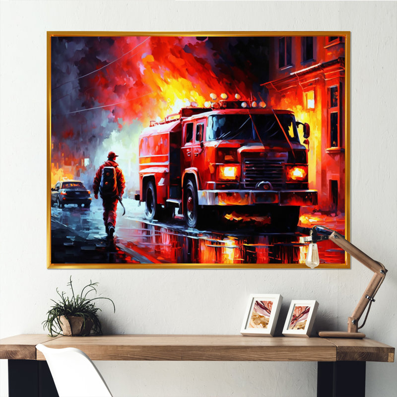 Fiery Pursuit I - The Fire Truck'S, L 44 po x H 34 po, Cadre flottant doré