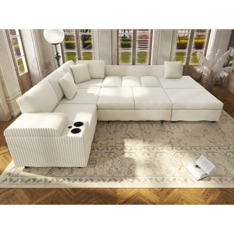 Canapé-lit modulaire en L 110 po avec canapé-lit en L et repose-pieds USB, Beige