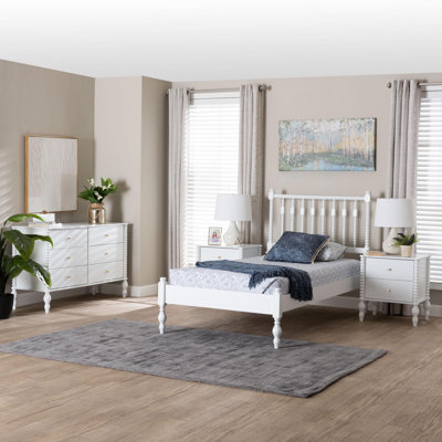 Baxton Studio Cherryl Spindle 4-Piece Bedroom Set - Farmhouse Platform Bed with Matching Dresser and 2-Drawer Nightstands, White, Twin