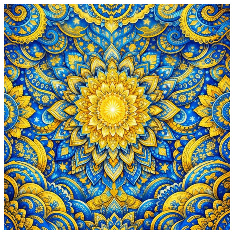 Intricate Blue Yellow Mandala Comforter, Queen