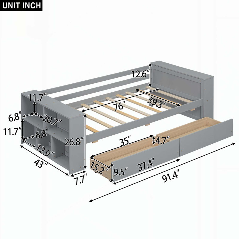 Lit de jour fonctionnel avec tablettes et tiroirs pour un sommeil confortable et un rangement efficace, adapté à diverses pièces