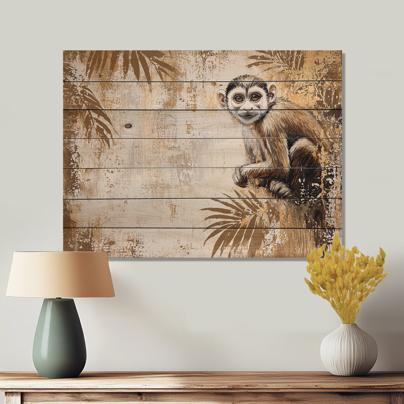 «Playful Monkey Primer In The Jungle IV», art mural moderne sur bois de pin naturel, H 34 po x l 44 po