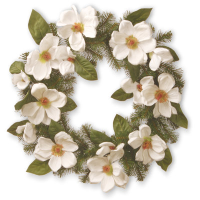 Couronne de printemps artificielle de 24 pouces avec épinette de North Valley, fleurs de magnolia et bouts de branches de conifère, décoration florale réaliste pour la porte d'entrée ou la décoration intérieure