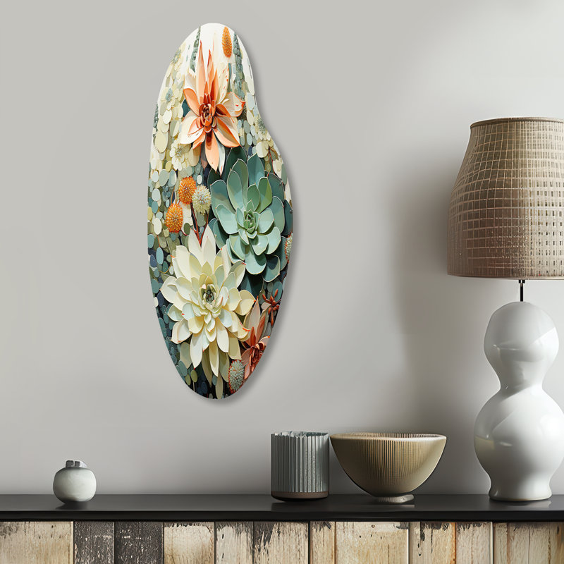 Green White Succulents Flowers Serene Succulents I - Succulent Curved Shape Metal Wall Decor, 30" H x 11" W