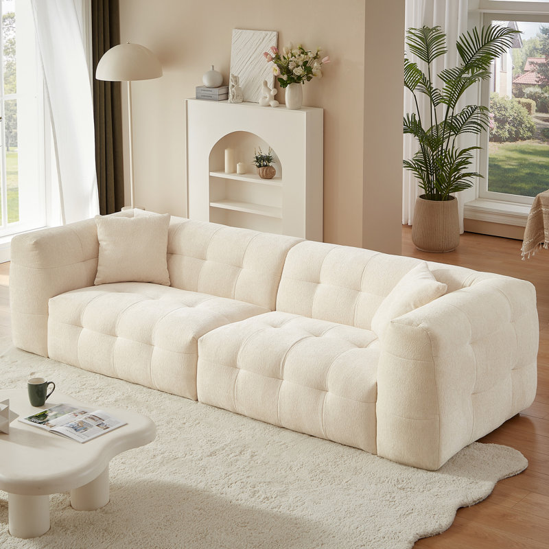 Luxueux canapé en chenille de 110,2 po avec accoudoirs carrés de style nuage noir moderne , Blanc